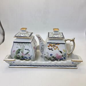 Franklin Mint 1989 Porcelain Sugar & Creamer Set w Tray Flowers Birds Gold